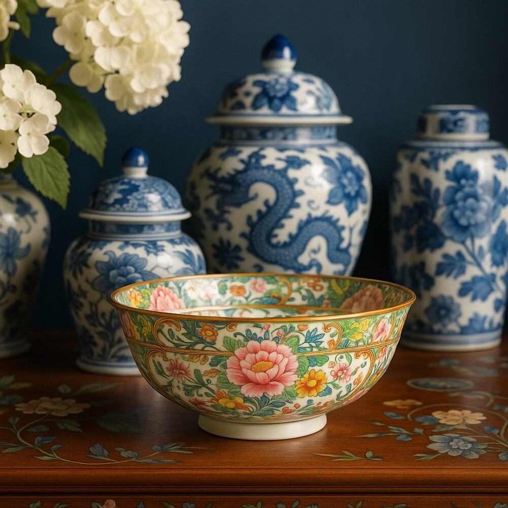 Antique Rose Canton Hand Painted Chinese Porcelain Chinoiserie Bowl 8"